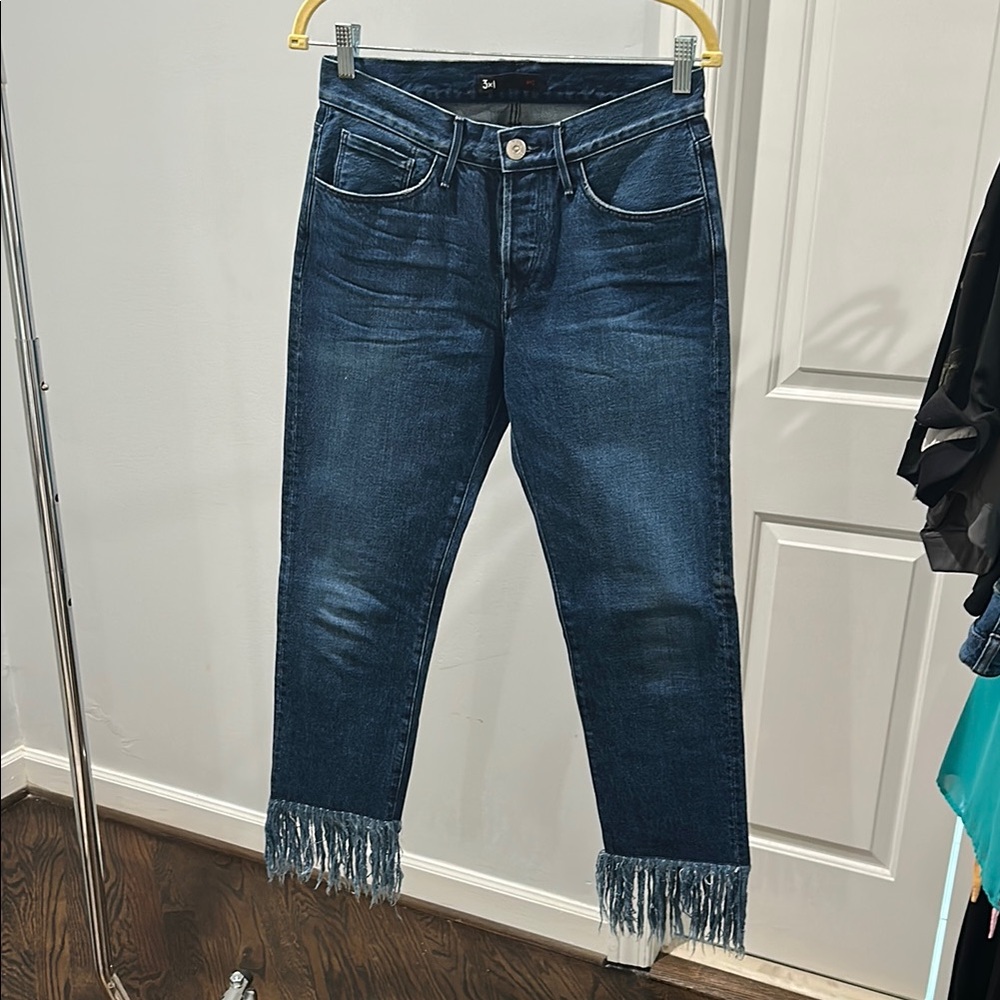 3x1 Blue Straight Jeans Fringe Hem